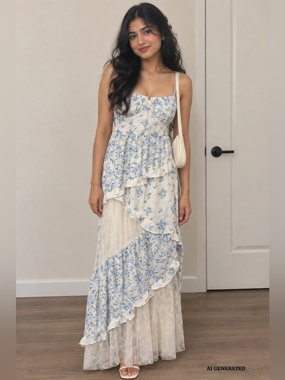 Trixxi Blue Floral Lace Trim Maxi Dress NWT